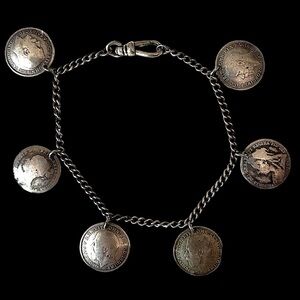 Victorian Edwardian Antique British 3 Pence Coin Charm Bracelet 1800s-1931